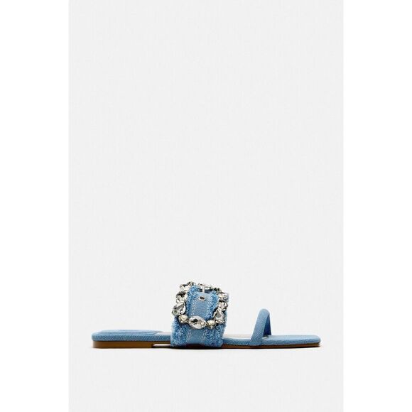 NWT Zara Blue Denim Flat Buckled Sandals 37 6.5 - Picture 3 of 11
